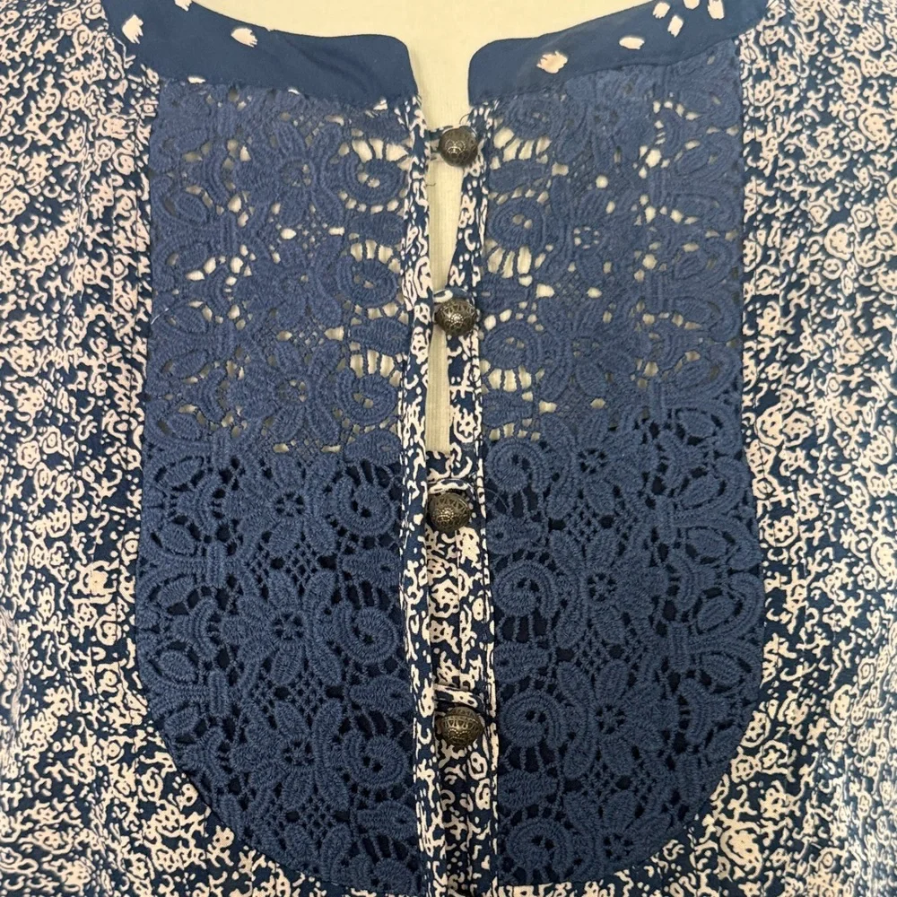 Anthropologie Navy and White Mixed-Print Crochet Yoke Blouse - Picture 2 of 9